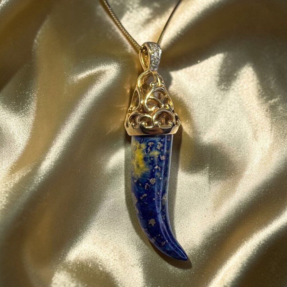 10K Gold - Lapis Lazuli & Diamond Tusk Necklace -20"- Ornate Filigree  -5.4g - Picture 11 of 16